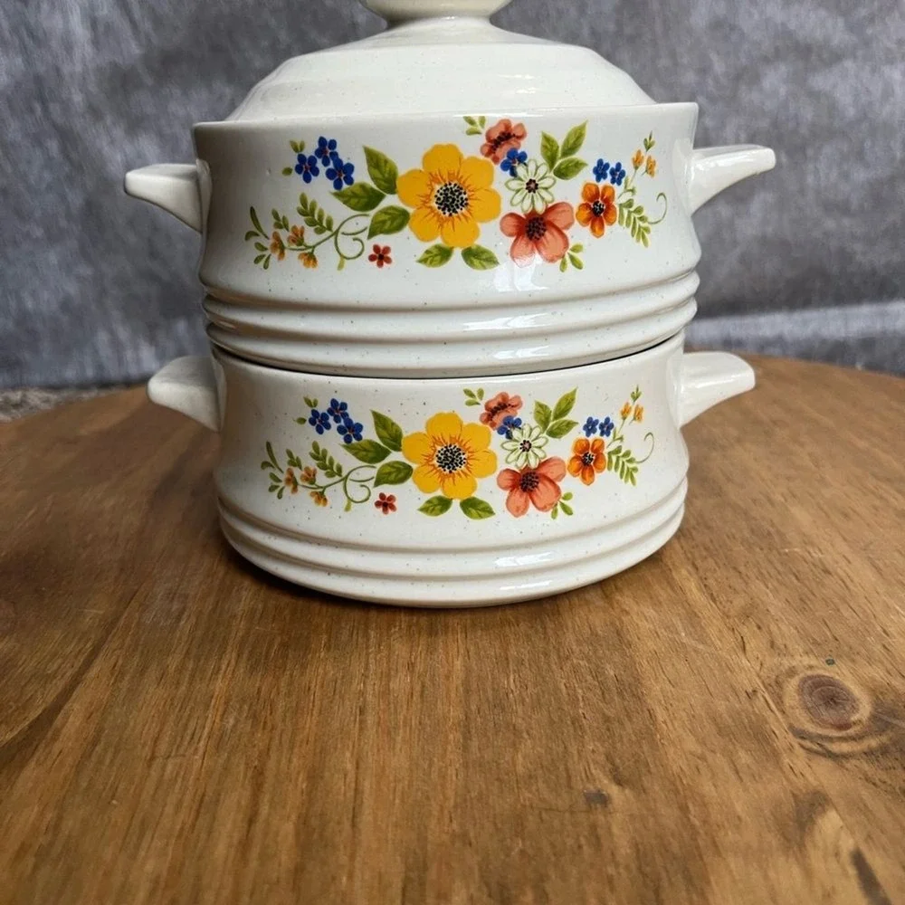 Vintage Set of‎ Sweet Flowers Serve 'N Store Stoneware Casserole Dishes w/Lid